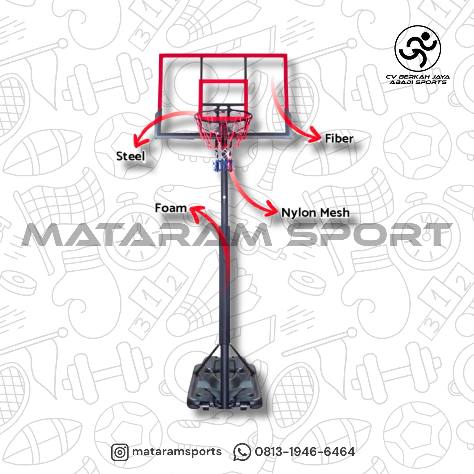 Papan Ring Basket Portable BOUNCE FIBER 120X80CM STAND
