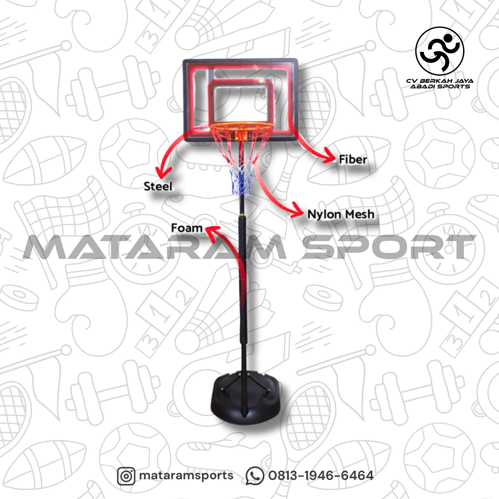 Papan Ring Basket Portable BOUNCE FIBER 85 x 60CM STAND